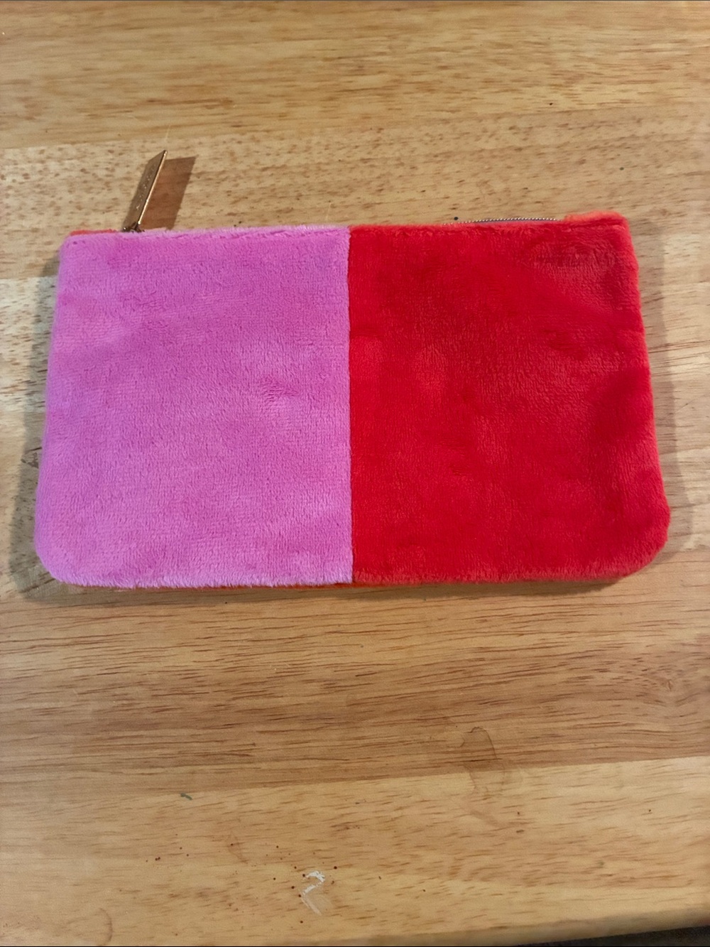 ipsy Pink and Red Faux Fur Colorblock Cosmetic Pouch